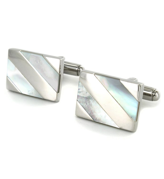 Men's Stainless Steel Polished White Mother Of Pearl Shell Inlay Cuff Links